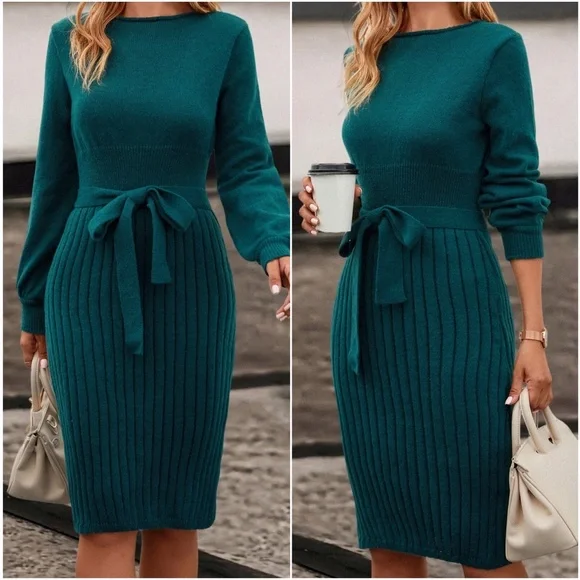 Classic Ribbed Belted Solid Sweater Dress - Picture 5 of 7